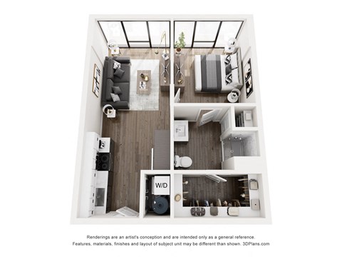 A 3D floor plan of a small apartment with a kitchen, living room, and bathroom.
